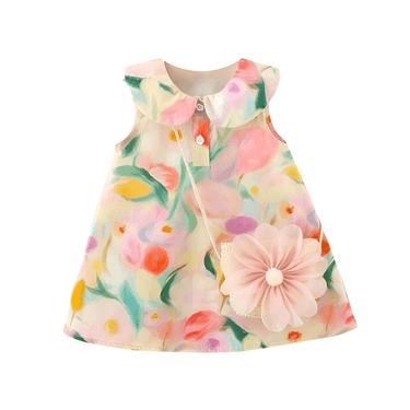 A sleeveless floral dress with a large doll collar and a large flower crossbody bag.
